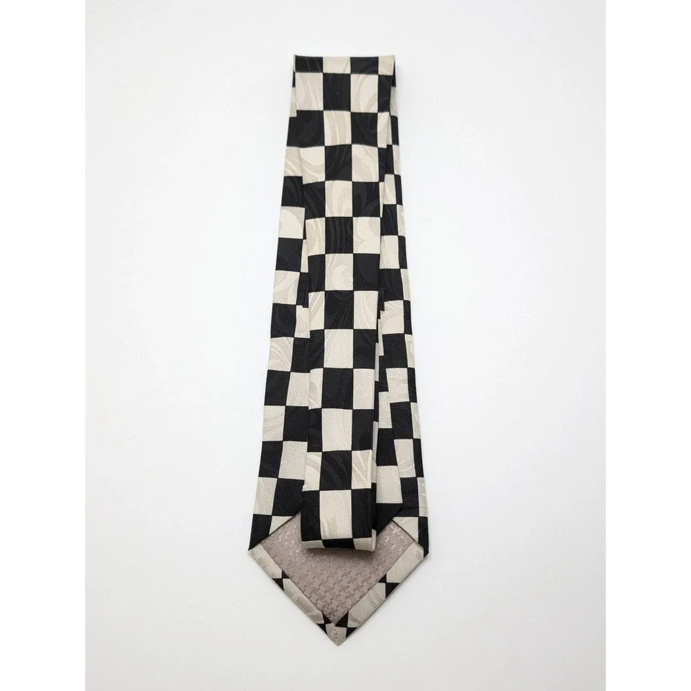 Vintage 1990s Seta Como Black and White Checkered Silk Necktie